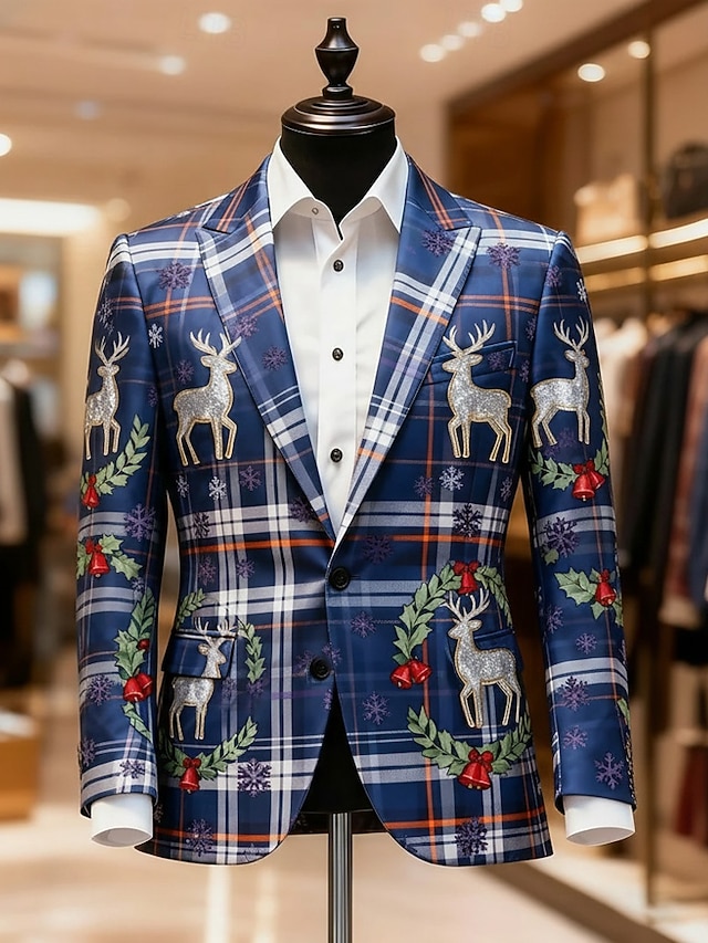  Natal Homens Cada Jaqueta Blazer Casaco Confortável Artistíco Casual Traje de festa para noite Diário Festival Impressão 3D Botões Bolso multi Outono & inverno Entalhe Manga Longa Azul Vermelho