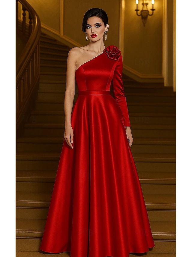 Red A-Line Evening Gown Stretch Satin Elegant Formal Dress Formal ...