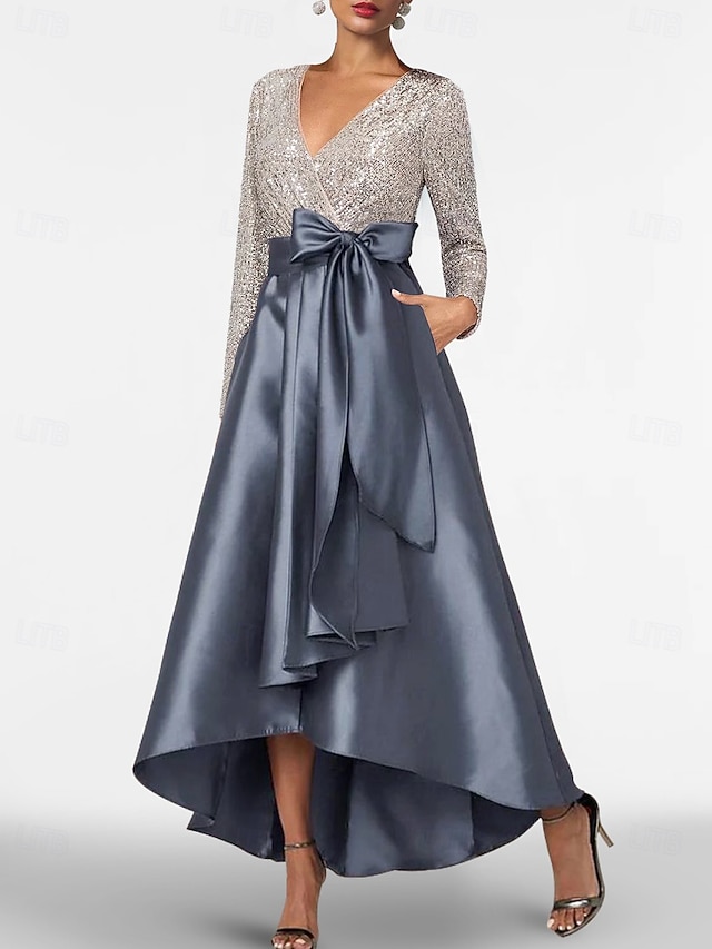  Linea ad A Asimmetrico Abiti da Cocktail Abito da Sera Da principessa Abito formale Elegante Setoso Manica Lunga Scollo a V Formale Matrimonio Tasca Raso Con Paillettes con Fiocco/Fiocchi