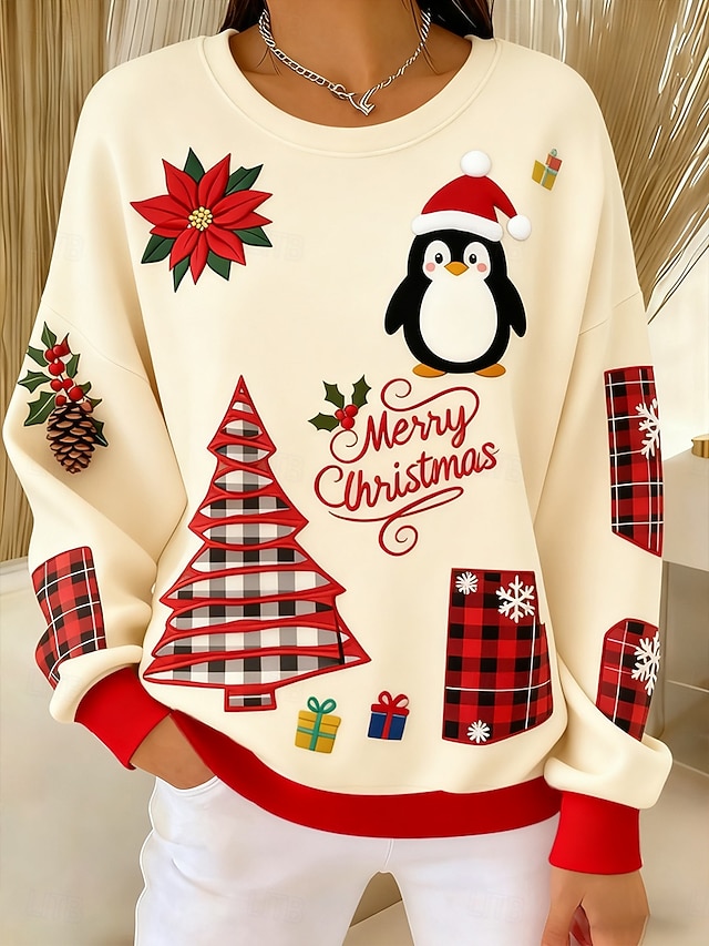  Femmes Sweatshirt Pull Graphique Arbre de Noël Occasionnel manche longue Col ras du cou Hauts Réguliers Rue Tenue Quotidienne Occasionnel Patchwork Jaune Rouge Vert Beige Automne Hiver
