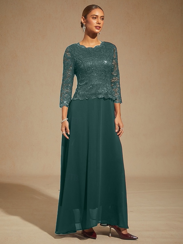  Dames Maxi-jurk Chiffon jurk Elegant Bruiloft gast Avond Feest Normale pasvorm Effen Kleur 3/4 mouw Strakke ronde hals Smaragdgroen Lente Herfst Winter