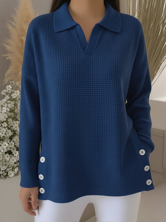 Dam Tröja Ledigt Mjukt Ren färg Ribbad Tröjkrage Stickat Långärmad Vanliga toppar Sticka Utomhus Dagligen Helgen Vit Gul Höst Vinter