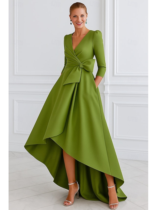  A-Line Asymmetrical Ball Gown with Cape Evening Gown Formal Dress Elegant Long Sleeve V Neck Formal Wedding Pocket Satin with Pleats Pocket