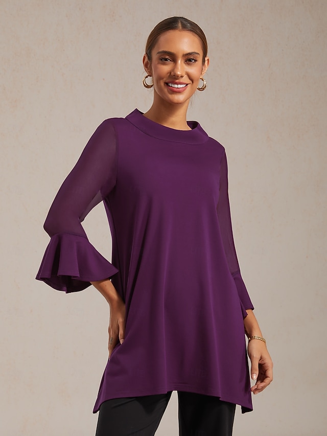  damblus vinröd enfärgad chiffong tencel roma lapptäcke volang 3/4 ärm hög krage casual elegant vår sommar höst