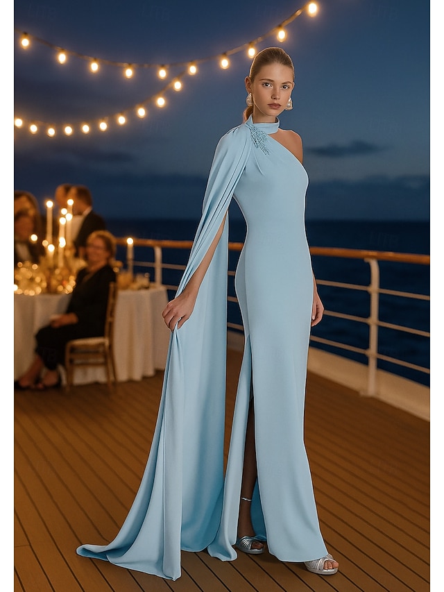  Sheath / Column Floor Length Ball Gown with Cape Evening Gown Ball Gown Elegant High Split Sleeveless High Neck Formal Wedding Pocket Stretch Crepe with Pleats Appliques