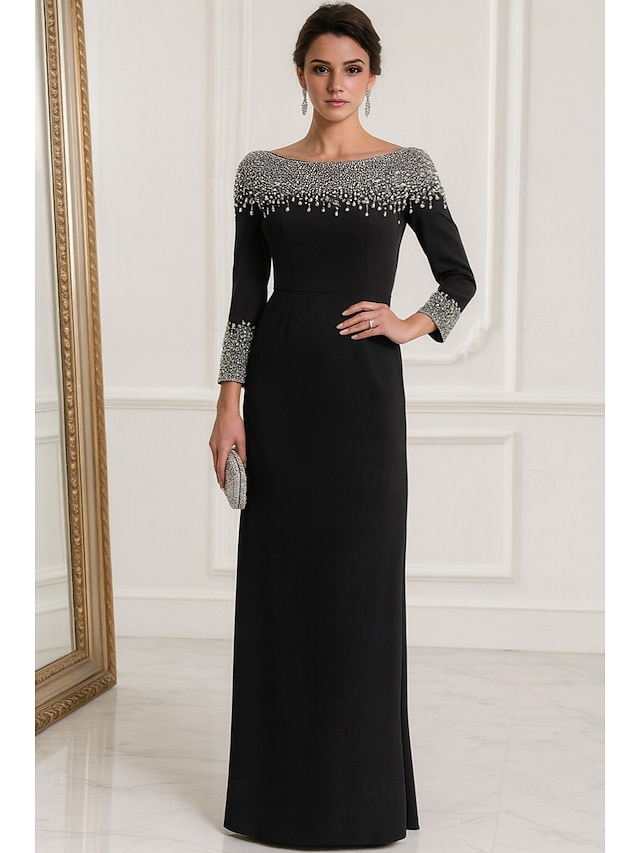  عامودي طول الأرض فساتين السهرة الزي الرسمي أنيق التألق مضيئ كم طويل رقبة عالية مدورة رسمي زفاف طبقات كريب ستريتش مع حجر كريم بريق تفاصيل كريستال