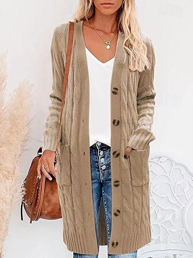 Cardigan Femme En Laine épaisse - Manches Ballon, Couleur Unie, Poches, Style Décontracté Et Chaleureux - 4
