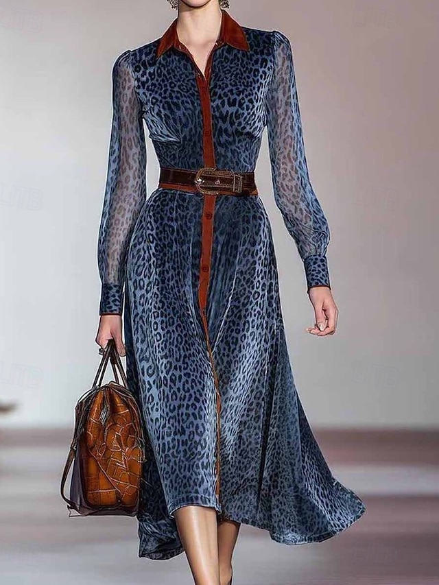  Pentru femei Rochii Midi Rochie A line Gril pe Kamado Rochii Semi Formale Kentucky Derby Birou Zilnic Fit regulat Buline Manșon Lung Guler Cămașă Albastru piscină Primăvară Toamnă Iarnă