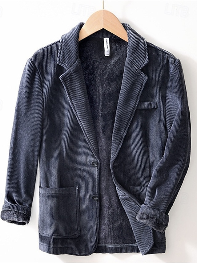  Herre Kordfløyel jakke Halskrage Årgang Mote Utendørs Ensfarget Blazer Blå kaffe Grå Skreddersydd Single Breasted To-knapper