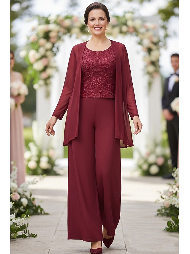 Ensemble pantalon 3 pièces pour la mère de la mariée, manches longues, en chiffon et dentelle