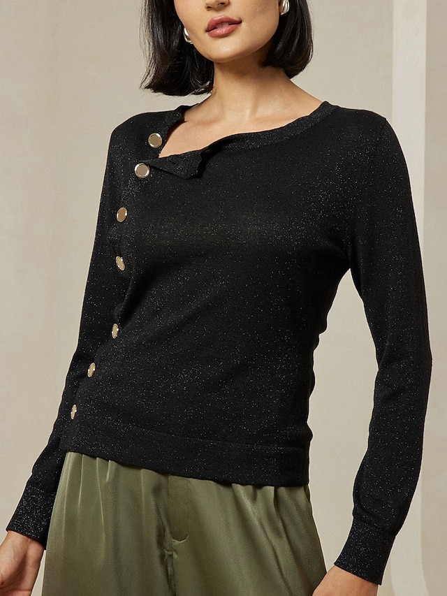  Slash Neck Button Up Cropped Knit Top