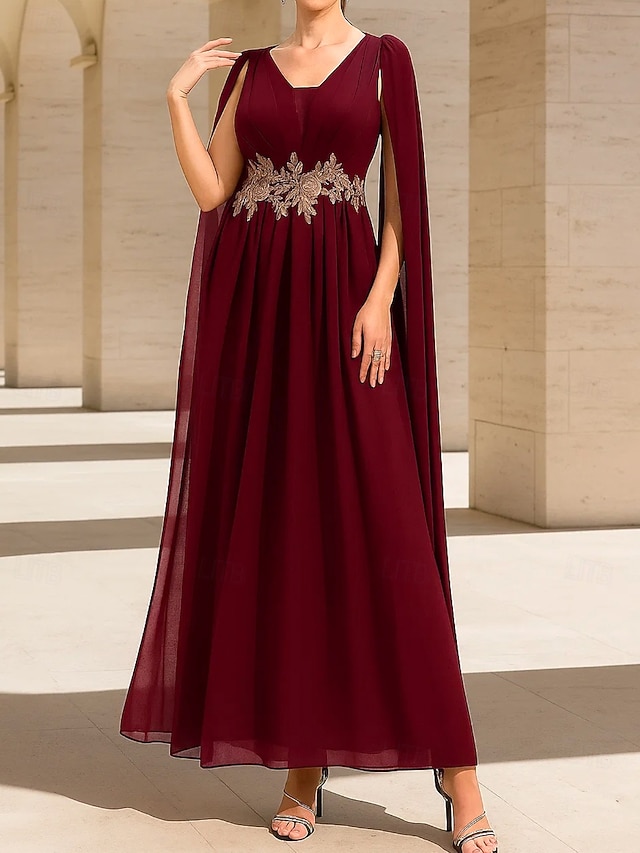  A-Linie Bodenlang Abendkleid Langarm V Ausschnitt Elegant Vintage Party Chiffon Polyester Brautmutterkleid mit Stickerei