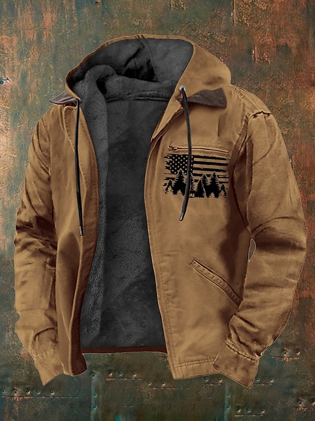  Per uomo Felpa con cappuccio a zip intera Giacca in Pile Felpa con cappuccio in pile Marrone Con Cappuccio Albero Bandiera Americana Tasca Stampato Sport & Outdoor Casuale Quotidiano Poliestere