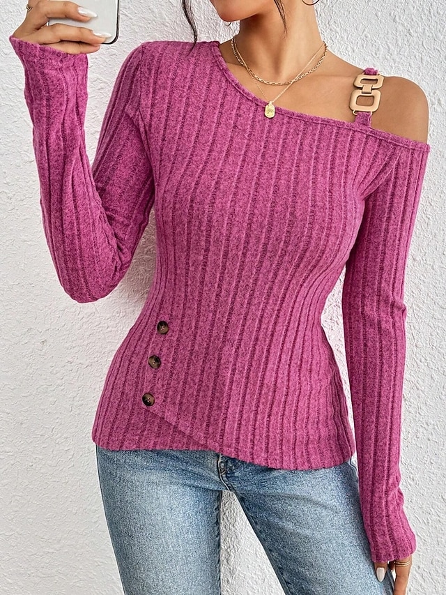  Women's Blouse Solid Color Stylish Casual Long Sleeve Asymmetrical Regular Tops Daily Patchwork Buttons Fuchsia Spring Fall Winter