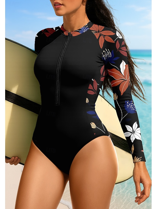  Жен. Стандарт Рашгард UPF50+ Быстровысыхающий Легкость Длинный рукав Боди Плавки-шорты Купальный костюм Передняя молния Серфинг Гребля на каное Пляж  Водные виды спорта Спортивная Плавание Цветочные