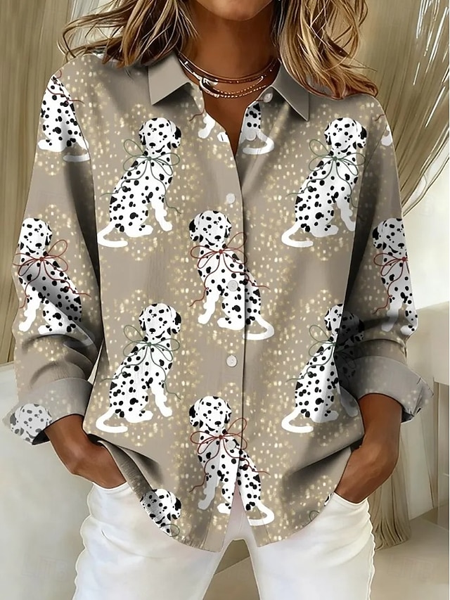  Crăciun Pentru femei Bluză Grafic Câțel Epocă Tropical Stilat Manșon Lung Guler Cămașă Topuri obișnuite Muncă Zilnic Ieșire Nasturi Imprimeu Roșu-aprins Kaki Bej Toamnă Iarnă