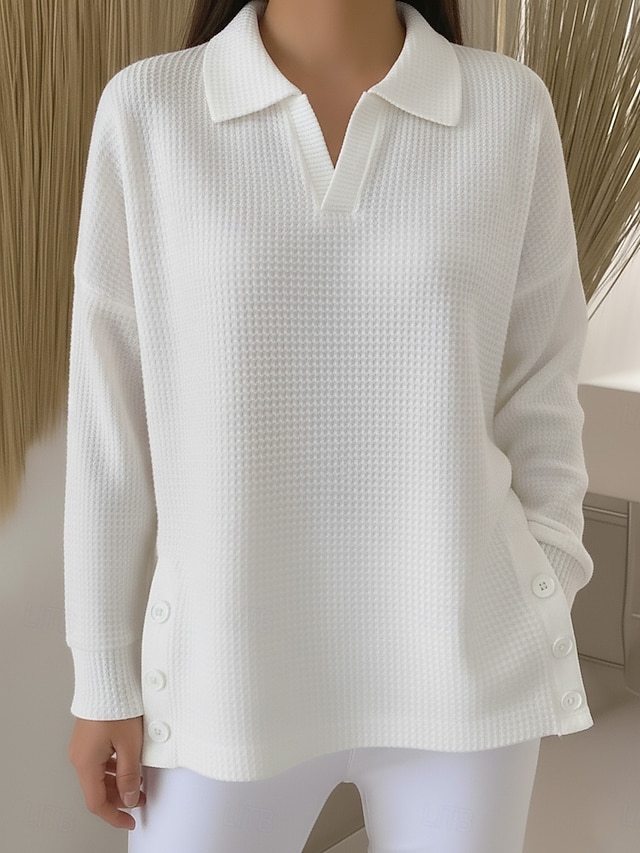 Dam Tröja Ledigt Mjukt Ren färg Ribbad Tröjkrage Stickat Långärmad Vanliga toppar Sticka Utomhus Dagligen Helgen Vit Gul Höst Vinter