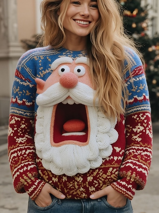  Dame Genser søt stil Gatemote Fritid Grafisk julenissen snowflakes Crew-hals Lapper Strikket Langermet Vanlige topper Strikke Jul Fest Rød Grønn Vår Høst