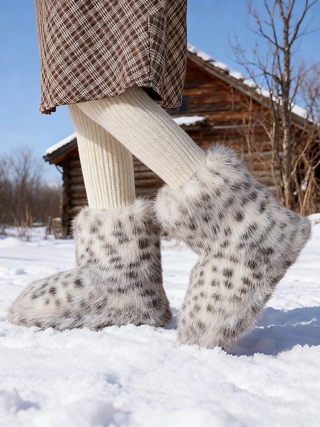  Women's Leopard Print Faux Fur Snow Boots - Cozy Winter Booties with Soft Faux Fur Lining, Stylish and Warm for Cold Weather and Outdoor Activities