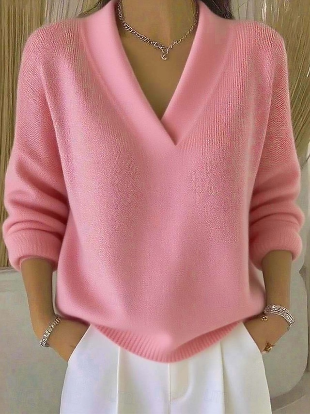  Women's Sweater Elegant Fashion Cute Solid Color Ribbed V Neck Knitted Braided Long Sleeve Regular Tops Knit Formal Outdoor Home Wine Red Pink Spring Fall