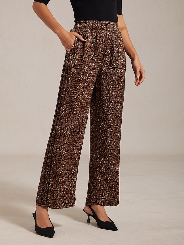  viskosesilke elastisk midje rynkete leopardprint rette bukser på ferie