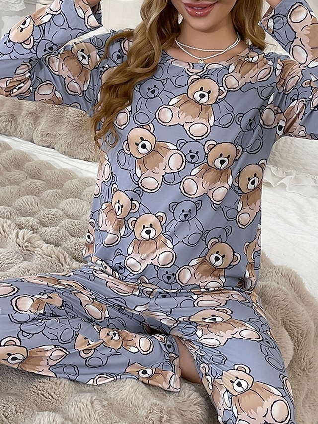  Dame Pyjamas lounge Pyjamas Sett Fritid Tegneserie Elastisk midje Bukse Hjem Seng Langermet Crew-hals Blå Vår Høst Løstsittende