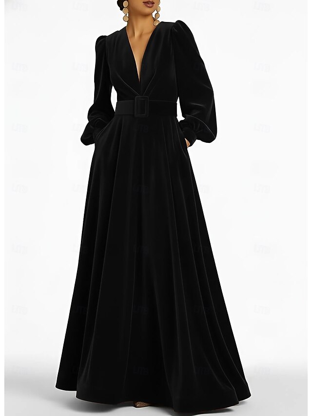 Elegant V-neck Velvet A-Line Floor-length Dress Plum main image 1