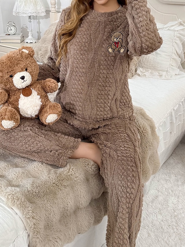  Női Pizsamák Lounge-ruházat Flanel Meleg Divat Tiszta szín Zsinór Rugalmas derék Nadrág Vakáció Otthon Napi Hosszú ujj Terített nyak Barna Szürke Ősz Tél Laza öltözet