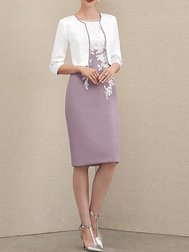 Formal Women's Dresses Two Piece Sheath/Column 3/4 Sleeve knee-Length Mother of the Bride Dresses with Appliques Color Block Prom Dresses Stores