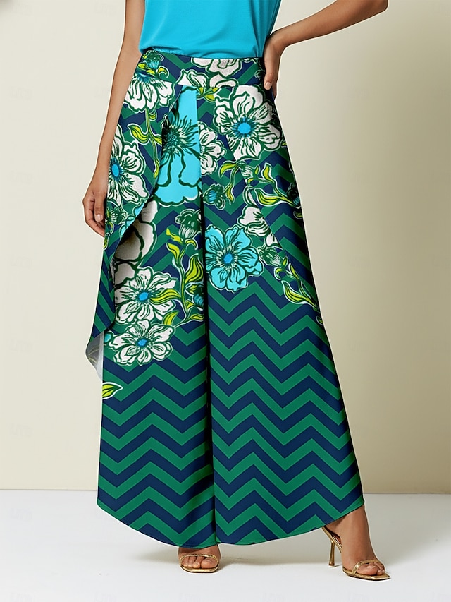  بنطلون واسع الساق من الساتان بطبعة زهور هندسية، مناسب للعطلات غير الرسمية