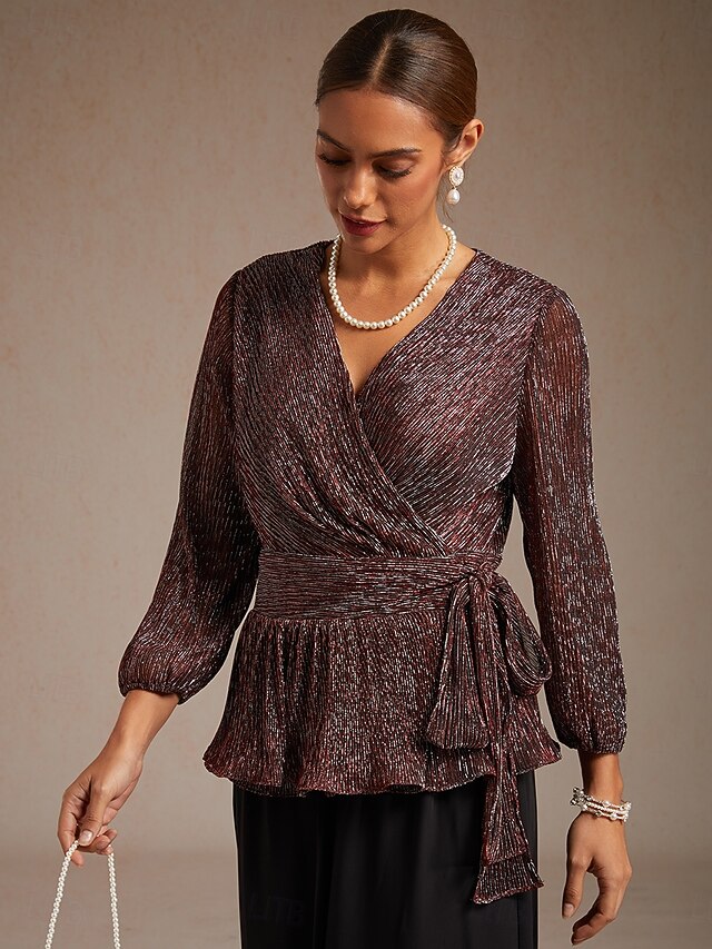 Women's Dressy Tops Elegant Lantern Sleeve V Neck Chiffon Regular Tops ...
