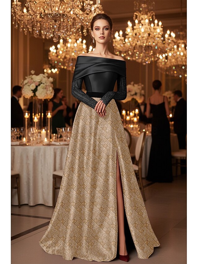  Robe de soirée A-Line noir et or à motif en écaille robe formelle élégante mariage formel longueur de sol sans manches épaules dénudées satin avec appliqué en dentelle perlé et plis fente