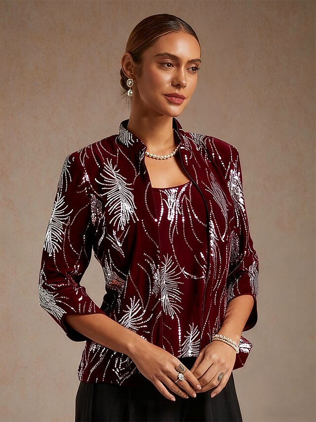  Women's Twinset Blouse Dressy Tops Jacket Sequins Feather Elegant 3/4 Length Sleeve Mandarin Collar Regular Tops Wedding Guest Evening Party Sequins Wine Spring Fall Winte