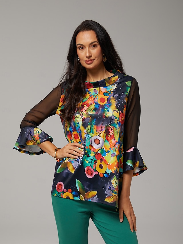  Chemisier femme noir imprimé floral en mousseline extensible manches encolure bateau décontracté confortable printemps été automne vacances