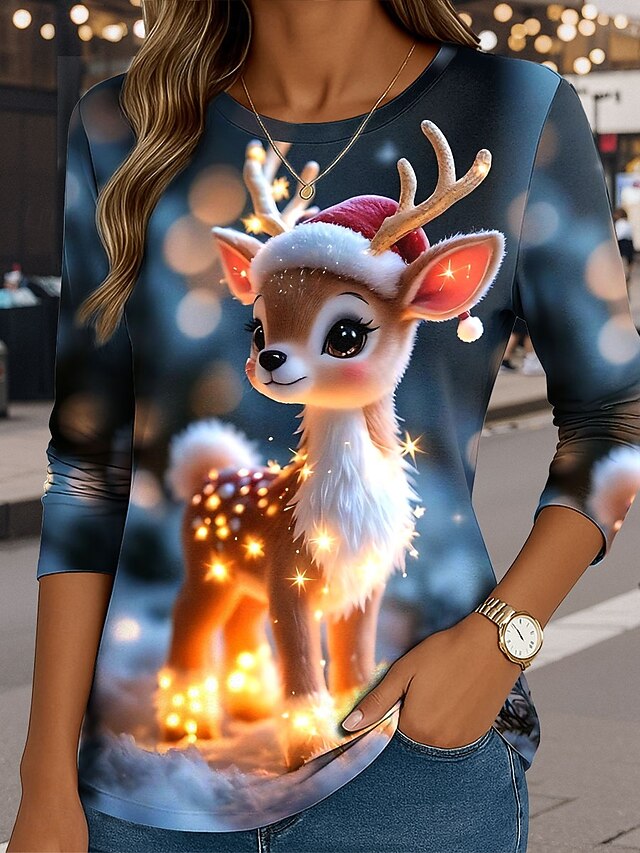 Christmas Women's T Shirt Graphic Animal Reindeer Fashion Casual Long ...