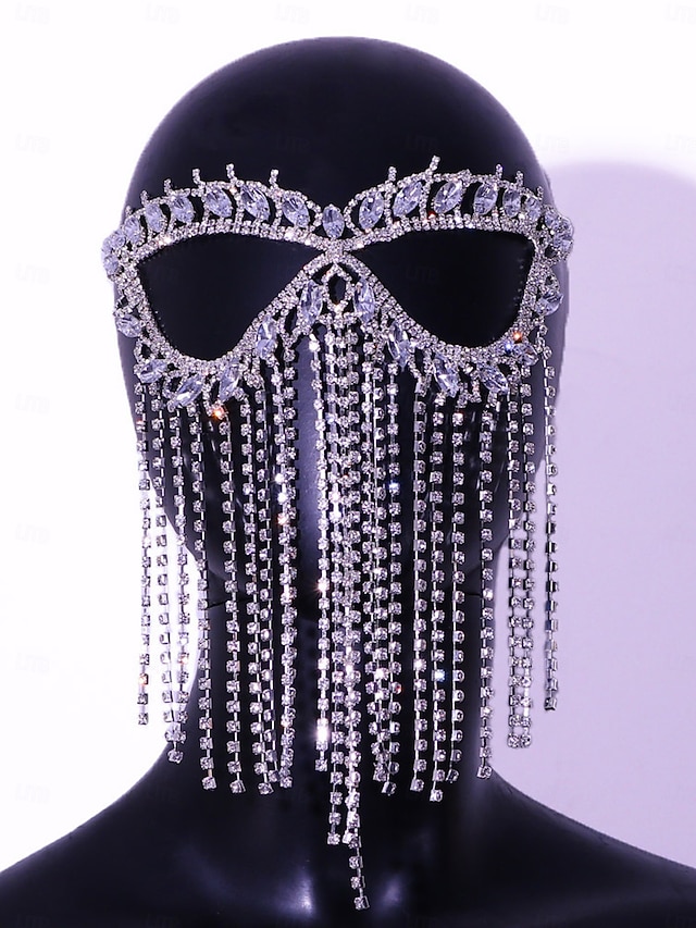  Naisten kristallinen strassikoristeinen hapsunaamiopäähine - kimalteleva kasvoketjupäähine Gatsby-juhliin, lavaesityksiin ja iltatilaisuuksiin