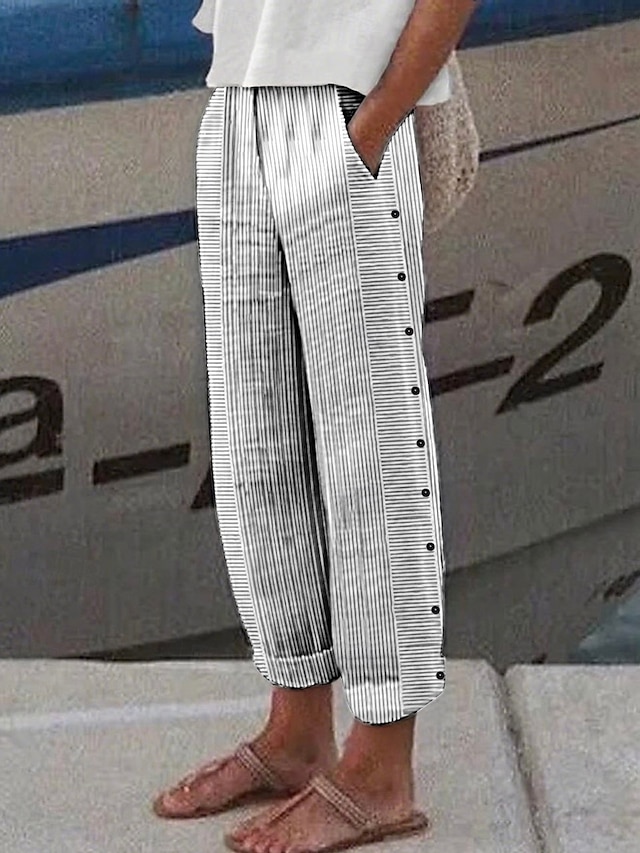  Dam Byxor av linne i bomull Avsmalnande byxor Kinesiska Mode Streetwear Fullängd Hög midja Randig Ficka Elastiskt midjeband Bekväm Mjuk Microelastisk Utomhus Gata risvit Svart Rodnande Rosa Grön