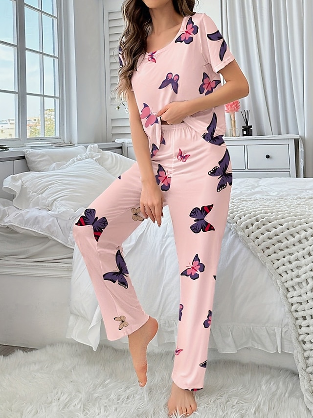 Women's Pajamas Loungewear Pajama Set Casual Butterfly Elastic Waist ...