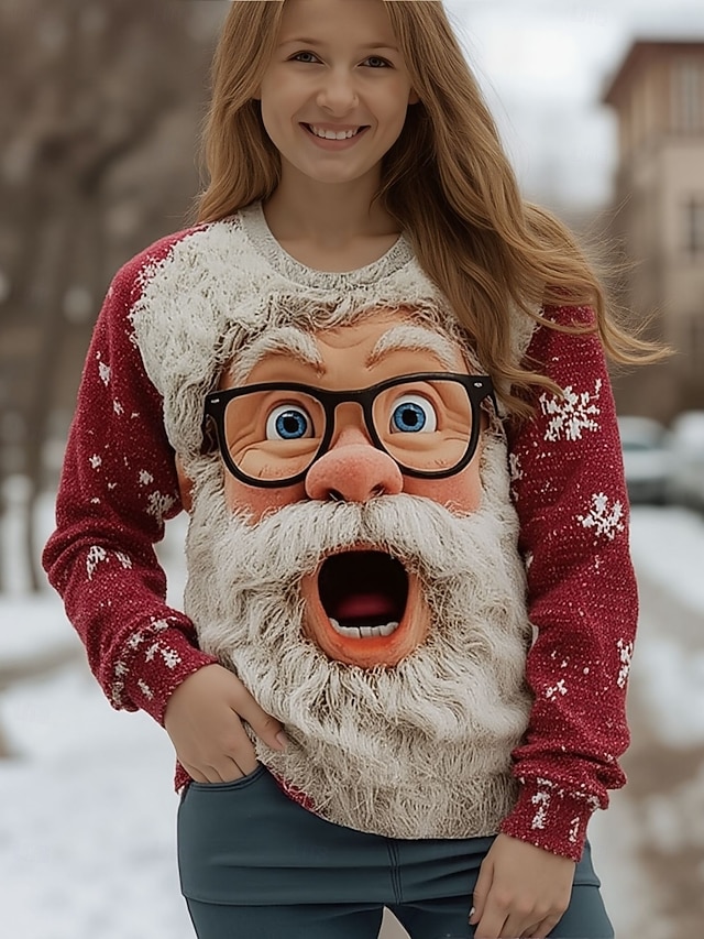  jul damegenser søt gatemote avslappet grafisk julenissen snøflak rund hals lappeteppe strikket langermet vanlig topper strikket julefest rød vår høst