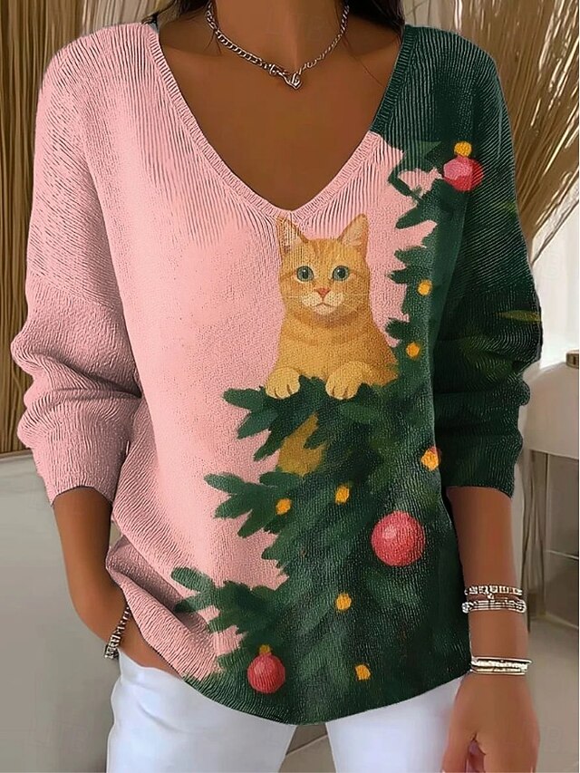 T-shirt Manches Longues Oversize Noël Pour Femme – Imprimé Festif, Confortable, Parfait Pour Les Fêtes, Les Soirées Pyjama Ou Les Cadeaux Décalés
