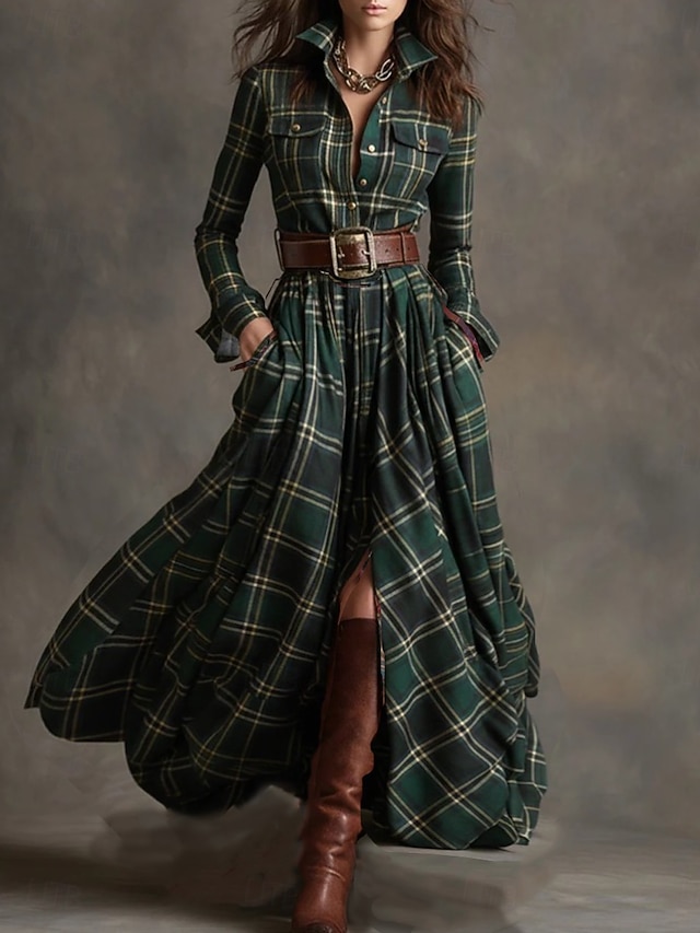  Damen Maxikleid Shiftkleid Urlaub Lässig Boho Täglich Normale Passform Karomuster Langarm Revers Blau Dunkelgelb Dunkelgrün Schwarz Frühling Herbst Winter