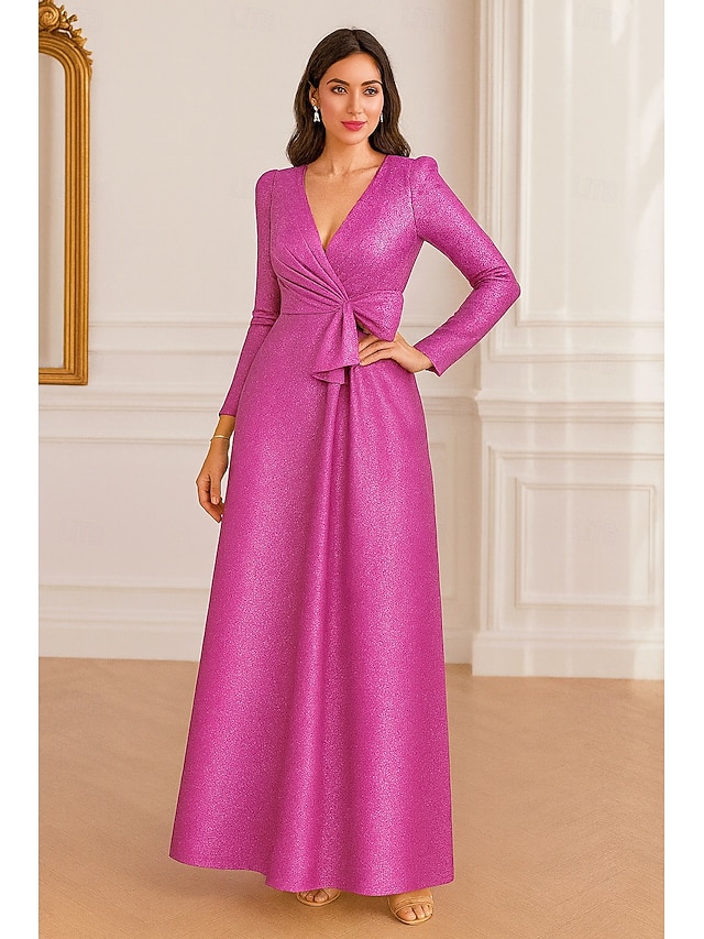  A-Line Floor Length Evening Gown Elegant Glittering Sparkle Long Sleeve V Neck Formal Wedding Lurex Fabric with Bow(s)