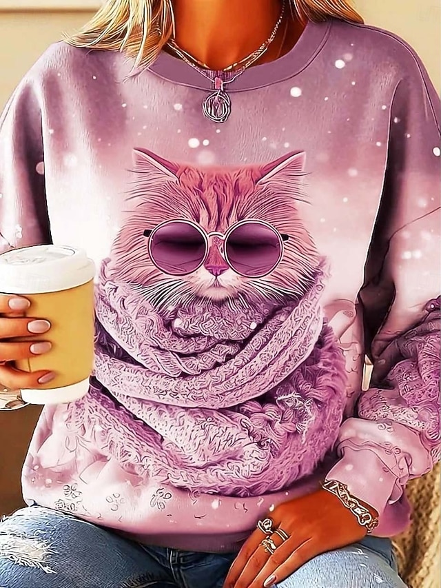  Dame Sweatshirts Grafisk Dyr Kat Afslappet Langærmet Rund hals Almindelige toppe Gade Hverdag Afslappet Trykt mønster Lyserød Blå Lilla Kakifarvet Forår Efterår Vinter