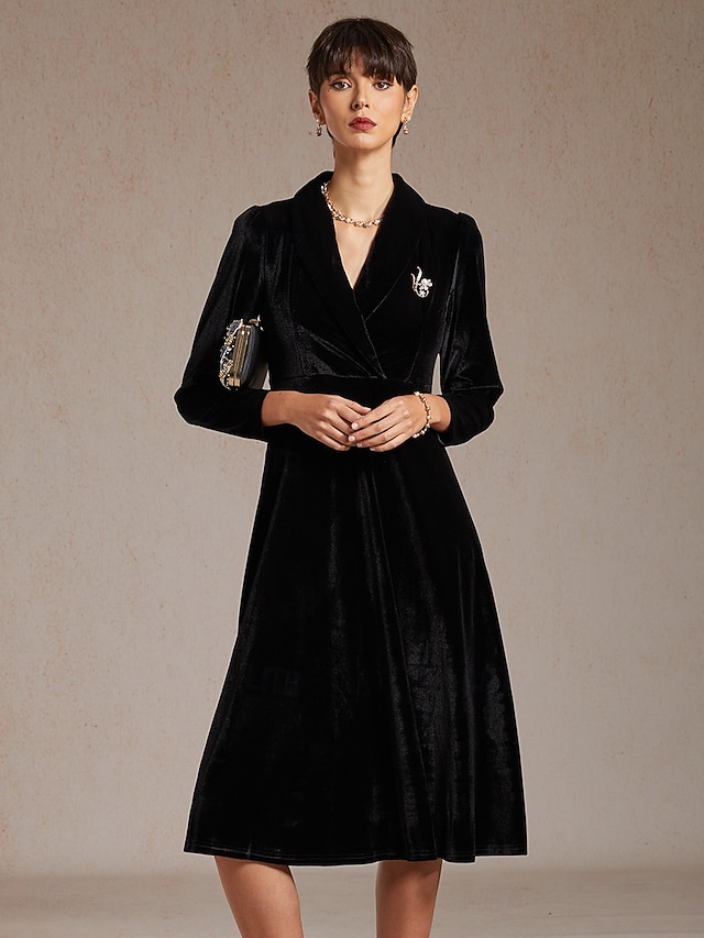  Femmes Robe Midi Robe trapèze Élégant Soirée Coupe régulière Couleur Unie manche longue Col en V Noir Printemps Automne Hiver