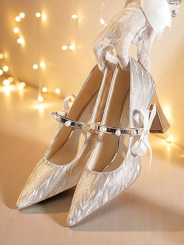  Scarpe con tacco da donna con cinturino in perle glitterate color argento - eleganti décolleté con punta a punta e fiocco per spose e cerimonie formali