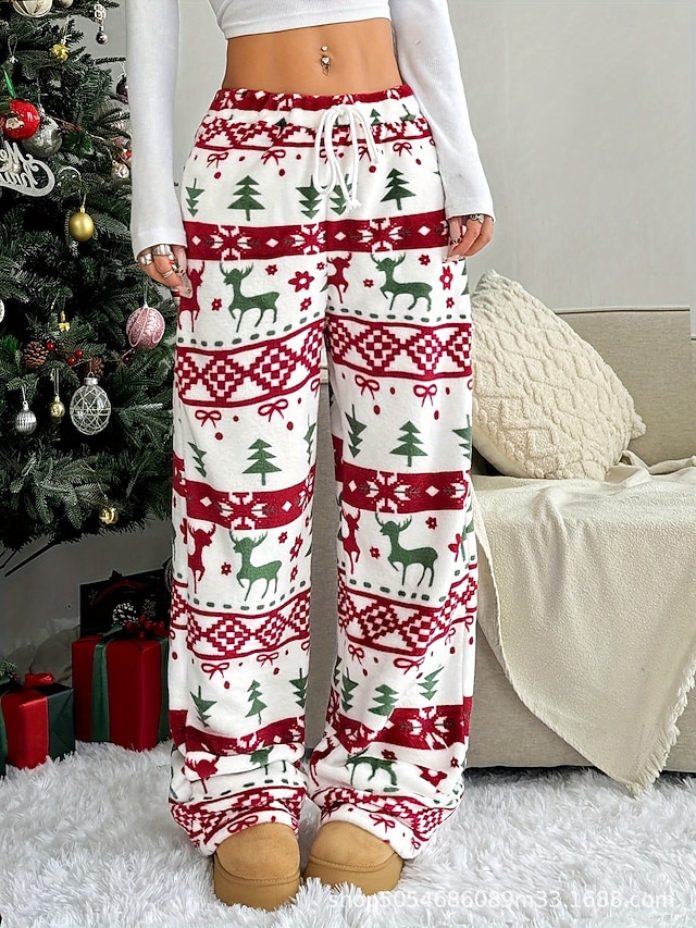  Christmas Women's Straight Vacation Vintage Ethnic Style Full Length High WaistPantsUgly Graphic Elk Christmas Tree Drawstring Inelastic Outdoor Vacation Party White Spring Fall Winter Loose Fit