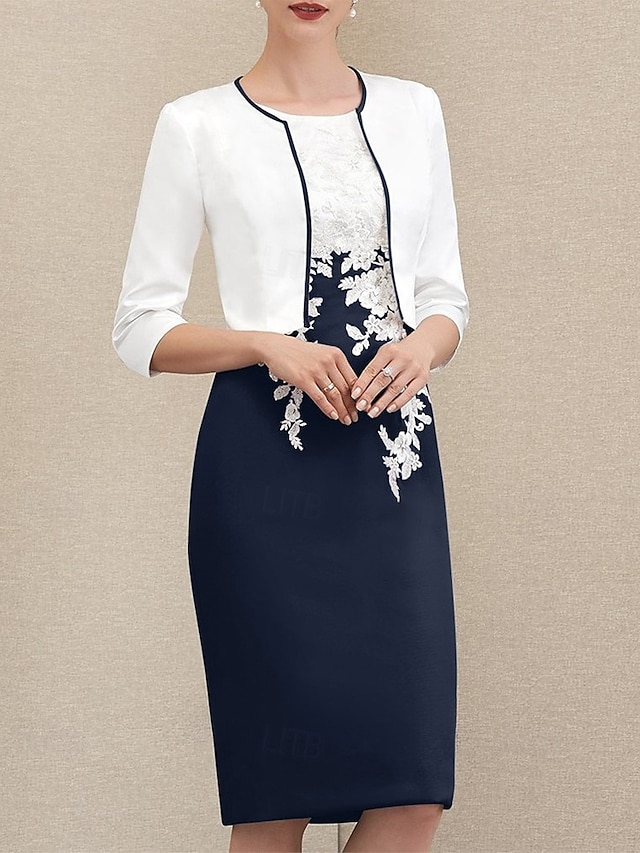 Two Piece Sheath/Column Knee-Length Jewel Neck Short Sleeve Mother of the Bride Dress with Jacket main image 1