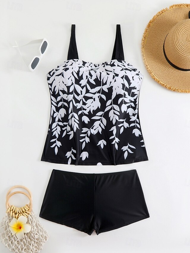 Tankini 3 Piece Swimsuit Shorts Tummy Control High Waist Slim Backless Vacation Beach Wear Graphic U Neck Sleeveless Bathing Suits
