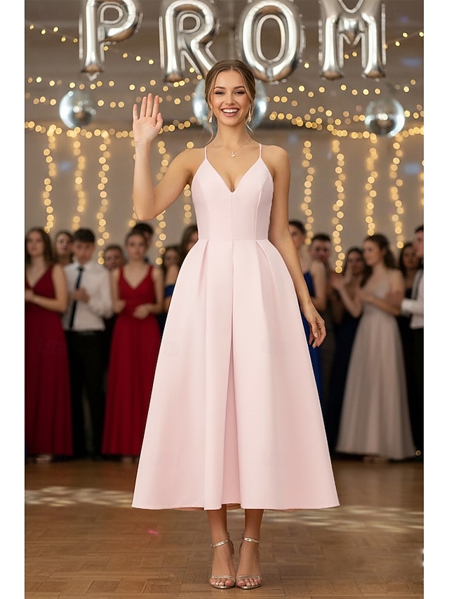 A Line Pink Off the Shoulder Tea Length Satin Pleats Prom Dresses LBQ1873 main image 1