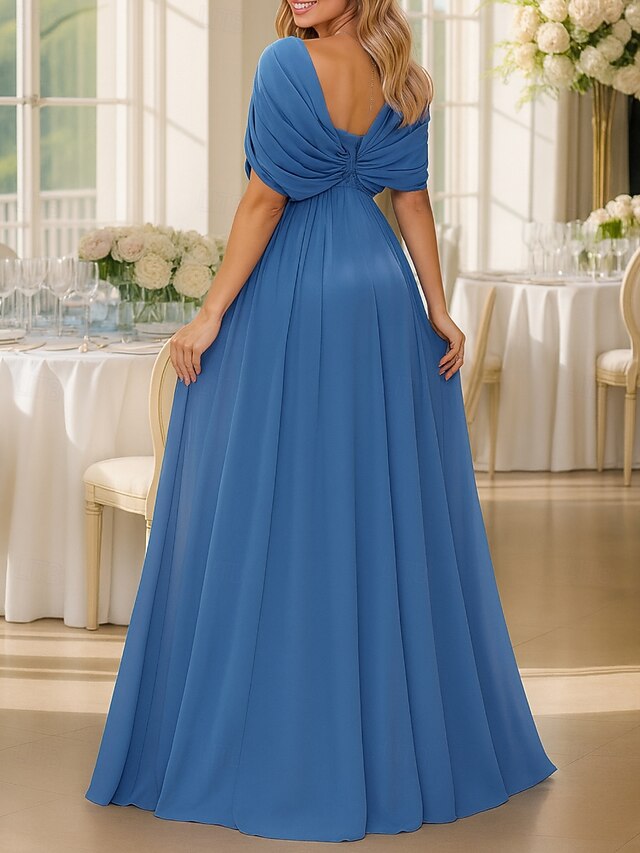 Pleated Chiffon V-Neck Short Sleeve A-Line Floor-Length Formal Gowns main image 0
